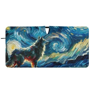 Imagem de Guarda-sol de carro com estampa de noite estrelada de lobo pára-brisa engraçado dobrável animal automotivo protetor solar, 81 cm x 157 cm