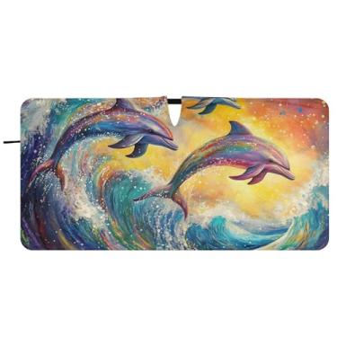 Imagem de Guarda-sol de carro personalizado com golfinhos coloridos ondas do oceano para para-brisa protetor solar de caminhão dobrável para para-brisa dianteiro de carro, 76 cm x 149 cm