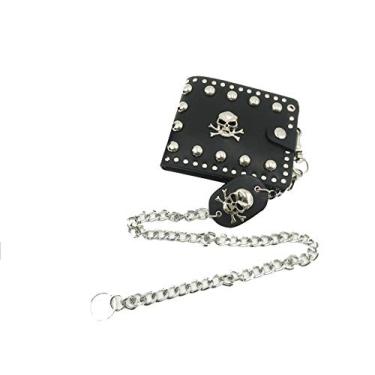 Imagem de Carteira masculina preta punk rebite retrô caveira dinheiro couro zíper com corrente esqueleto
