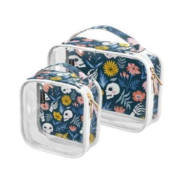 Imagem de GAIGEO Conjunto de 2 sacos de maquiagem transparentes de abóbora laranja em floral, bolsa de viagem para líquidos, bolsa de higiene pessoal leve para viagens, Esqueletos, pássaros, pessoas, flores
