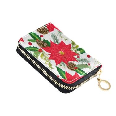 Imagem de Carteira feminina protetora de cartão de crédito com bloqueio de RFID, zíper em volta de bolsa de moedas pequena com zíper, flores de poinsétia vermelha, branca e vermelha