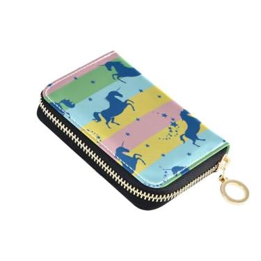 Imagem de Carteira pequena feminina com porta-cartões com bloqueio de RFID, zíper ao redor de zíper, bolsa de troca com chaveiro, listras pastel de unicórnio azul escuro