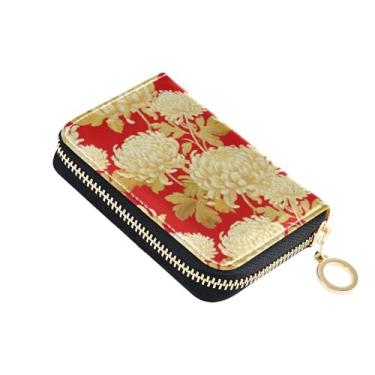 Imagem de Carteira pequena feminina para cartão de crédito, bloqueio de RFID, bolsa de moedas de couro com zíper folha de crisântemo vermelho marfim