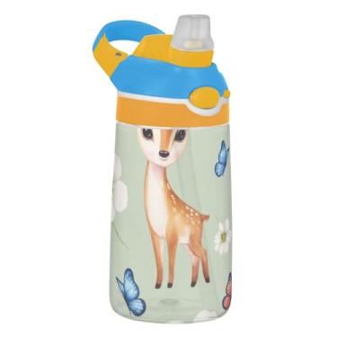 Imagem de Garrafa de água esportiva infantil de 473 ml com tampa de palha, garrafa de água Tritan portátil de 473 ml, copo infantil reutilizável à prova de vazamento, alça de transporte, pastel de veado fofo