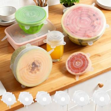 Imagem de 12 peças de tampas elásticas de silicone, capas redondas de armazenamento de alimentos, tampas de vedação de tigela reutilizáveis para recipientes de cozinha, branco