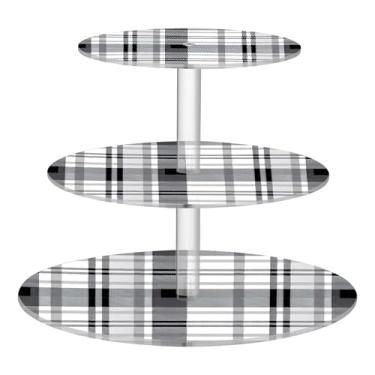 Imagem de Suporte clássico preto branco xadrez listrado chá festa cupcake 3 camadas acrílico exibição copo bolo torre decoração mesa sobremesa chá servir comida casamento