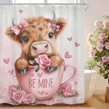 Imagem de Cinbloo Cortina de chuveiro Dia dos Namorados 60Lx72H Vaca Highland Amor romântico coração rosa flor feminina amante animal rústico moda conjunto de cortina de banheiro desenho animado banheiro