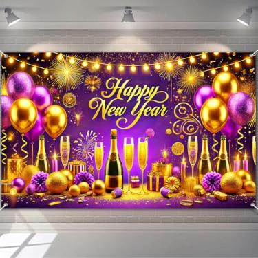 Imagem de BlissYard Pano de fundo de feliz ano novo, balões dourados roxos, fogos de artifício champanhe, 188 x 109 cm, faixa de fundo fotográfico para decoração de festas, eventos, decoração de casa, suporte