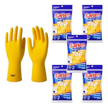 Imagem de Kit com 5 Pares Luva Sanro TOP Multiuso Látex Natural, Palma Antiderrapante Forro de Algodão e Interior Flocado, Tamanho M, Cor Amarela, Luvas de Látex Reutilizável para Limpeza, Pintura e Jardinagem