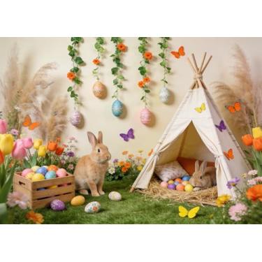 Imagem de DULUDA Pano de fundo para fotografia de primavera, Páscoa, 1,8 x 1,8 m, decoração de festa infantil, flores, barraca floral, coelho, ovos, grama, verde, festival, foto, banner, cabine