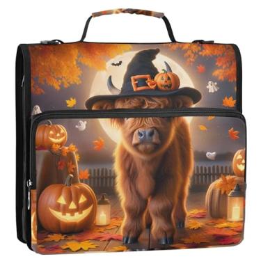 Imagem de Organizador de fichário com zíper para Halloween, vaca highland, abóbora, 3 anéis, 3 anéis, fichário de tecido com alça de ombro para escola, vários bolsos, pasta grande para portfólio