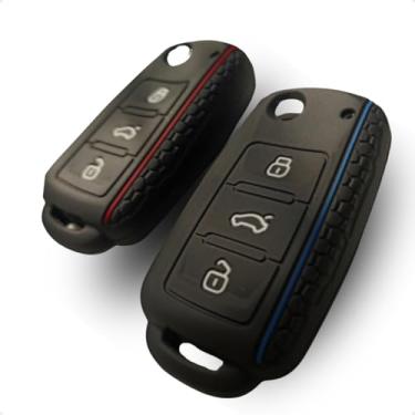 Imagem de Capa de Silicone para Chave Canivete 3 Botões Gol Voyage G5 G6 G7 G8 Fox Polo Up Jetta Tiguan Passat Bora (Preto com Azul)