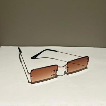 Imagem de Óculos de Sol Retangular Unisex Sem Aro Armação de Metal Proteção UV Moda Masculino Feminino Leve (Marrom)