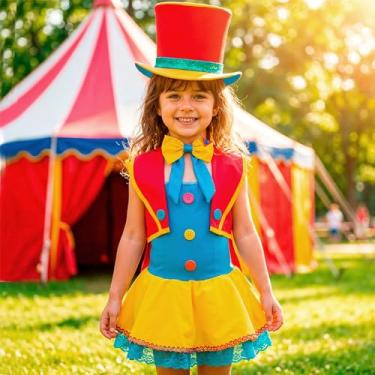 Imagem de Fantasia Palhaco Feminino Infantil Luxo Festa Carnaval Teatro Circo Vestido Colorido Colete Laço e Cartola (Vermelho, PP 3-4)
