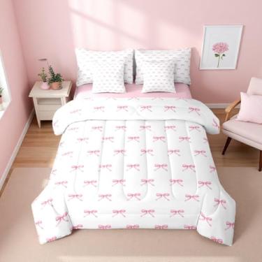 Imagem de Erosebridal Conjunto de cama Queen com laço rosa, 7 peças, desenho animado de borboleta, nó de borboleta, princesa, fitas de aquarela, com fronhas + fronhas, rosa e branco