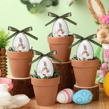 Imagem de CHENGU 4 peças de decoração de mesa de ovo de coelhinho da Páscoa, ovos de páscoa de plástico com adesivo de coelho, vasos de grama, fitas verdes, decoração de mesa rústica de primavera para decoração