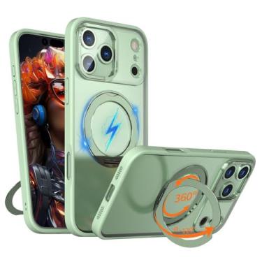 Imagem de Capa de celular de luxo com suporte dobrável e anel magnético giratório para iPhone 17 Air 16 15 14 13 12 11 Pro Max, com protetor de lente e capa de acrílico transparente (para iPhone 11/verde clar