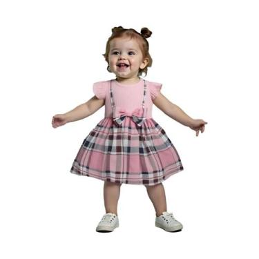 Imagem de Vestido xadrez rosa para bebê menina: roupa sem mangas com babados e d