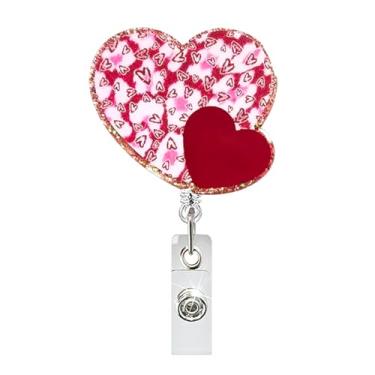 Imagem de Porta-crachá retrátil para dia dos namorados, rosa e vermelho, carretéis de crachá com clipe de cinto seguro para chaves, glitter, coração, porta-cartões de identificação resistentes para crachás