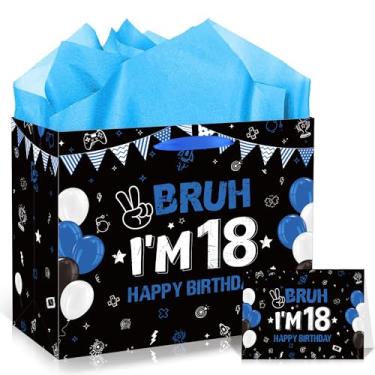 Imagem de MOIZYNG Sacos de presente de aniversário de 18 anos com alças, papel de seda e cartão comemorativo, decoração de aniversário de 18 anos para meninos, homens, meninas, artigos de lembrancinhas de