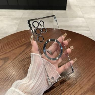 Imagem de HJZSZX Capa magnética luxuosa com revestimento para Samsung S23 Plus e carregamento sem fio transparente para PC (para Samsung S23 Plus/prata)