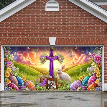 Imagem de Decoração de faixa de porta de garagem, grande decoração de capa de páscoa interna externa para casa, pano de fundo de festa de férias à prova d'água para varanda, quintal, parede (cruz de Páscoa, ele