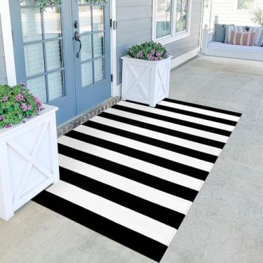 Imagem de KILOCOCO Tapete listrado preto e branco 1,2 x 1,8 m Tapete para interior e exterior Tapete de porta frontal de algodão tecido à mão lavável tapetes em camadas listrados para porta da frente/cozinha/fazenda/entrada/pátio