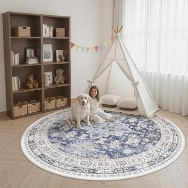 Imagem de Tapete redondo de 2,4 m zesthome Lavável, antiderrapante, para sala de estar, grande, ultrafino, macio de felpa baixa para quarto, cozinha, vintage, resistente a manchas (azul/bege, 2,4 x 2,4 m)