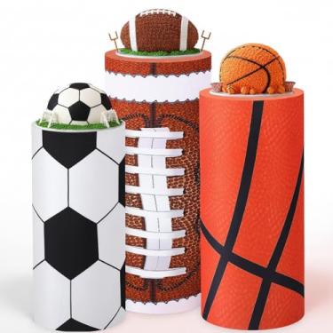 Imagem de Mindsoft Conjunto de 3 capas de suporte cilíndrico de elastano esportivo de aniversário para festa, basquete, rúgbi, cilindro, rúgbi, mesas de sobremesa para decoração de fundo de festa (cor vibrante
