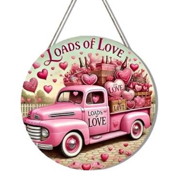Imagem de 1 guirlanda de dia dos namorados para porta da frente, placa de porta suspensa de madeira, bem-vindo com coração rosa, design de caminhão, guirlandas românticas para varanda para férias, casa, parede