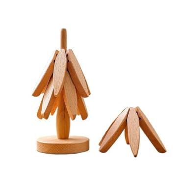 Imagem de 4 peças de suporte de madeira com design de árvore, decorativo, antiqueimaduras, resistente ao calor, base para copos, jogo americano de madeira (amarelo claro)