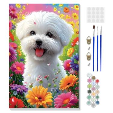 Imagem de DOMROM Kit de pintura animal por números para adultos iniciantes com cavalete de madeira, kit de pintura de cachorro por número em tela, kit de pintura a óleo DIY para decoração de parede de casa