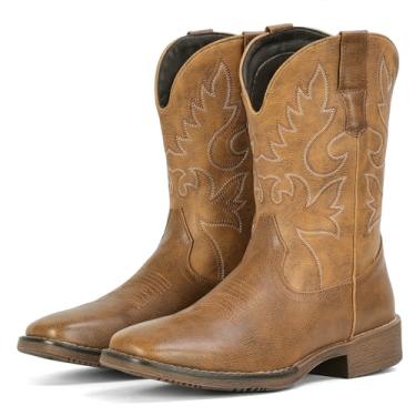 Imagem de IUV Botas de caubói masculinas, bico quadrado, bordadas, ocidentais, botas de cano médio, sapatos casuais, Marrom, 10 Wide
