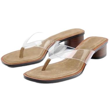 Imagem de MELGONMG Sandália feminina transparente de salto grosso, salto grosso, bico quadrado, costas nuas, estilo tanga moderna, confortável, salto bloco sem fecho, chinelos de festa, Marrom, 34