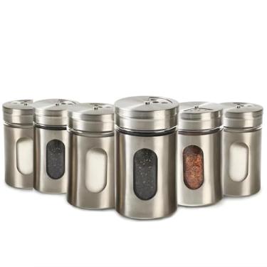 Imagem de Kit 6 Porta Temperos Saleiro Pimenteiro Condimentos em Vidro e Inox com Tampa Conjunto Premium com Visor Frontal Seletor Giratório de 3 Níveis para Escolha