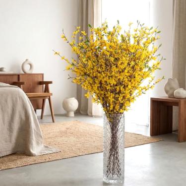 Imagem de XunYee Falso Forsythia caules longos ramos artificiais de forsítia ramo de flores amarelas orquídeas artificiais ramo de flores artificiais para casa, casamento, decoração interna e externa (100 cm