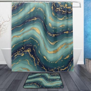 Imagem de Kigai Conjunto de tapetes de cortina de banho com textura de mármore dourado verde 2 peças, conjunto de tema de banheiro (152 x 182 cm) com cortina de chuveiro e tapete antiderrapante - 12 ganchos