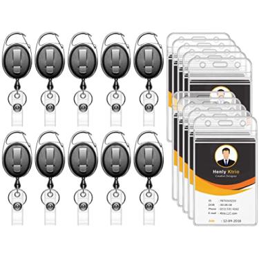 Imagem de KTRIO Pacote com 10 porta-crachá retrátil, porta-crachá de identificação com clipe de carretel mosquetão resistente, porta-cartões de identificação transparentes estilo vertical com cordão de puxar Kevlar de 71 cm