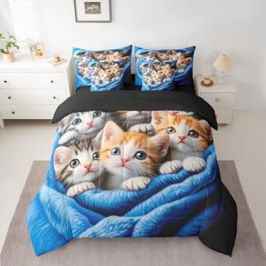 Imagem de jejeloiu Conjunto de cama para crianças, meninos, meninas, gatinho fofo em uma bolsa, conjunto de edredom casal para amantes de gatos, 7 peças, decoração de quarto de animais de estimação com edredom,