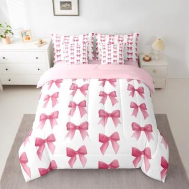 Imagem de Feelyou Conjunto de edredom com laço rosa e rosa, 7 peças, solteiro, para crianças, adolescentes, kawaii, decoração de quarto, microfibra leve e macia
