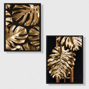 Imagem de Kit 2 Quadros Folhagens Preto Com Dourado 24X18Cm