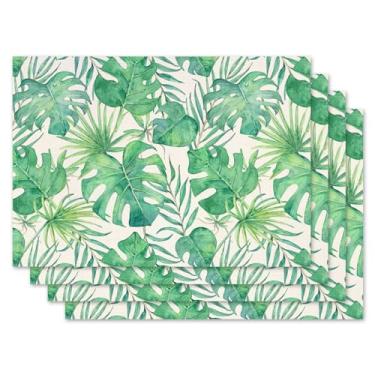 Imagem de Jauageon Jogo americano de folhas de palmeira verde, conjunto de 4 jogos americanos monstera, vegetação tropical, Havaí, para ambientes internos e externos, casa, cozinha, decoração de jantar, festa