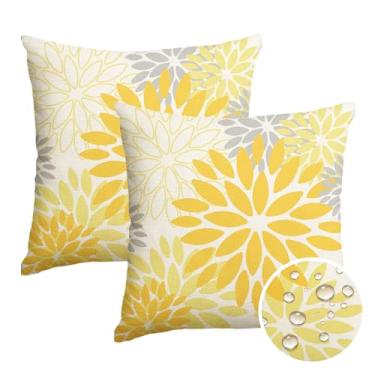 Imagem de AVOIN colorlife Capas de almofada impermeáveis com flores de dália, amarelo e cinza, 45,7 x 45,7 cm, decoração de almofada de verão para pátio, jardim, varanda, conjunto de 2