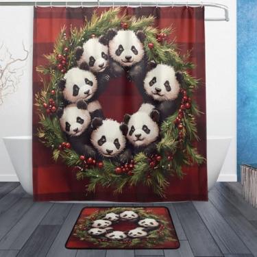 Imagem de xigua Lindo conjunto de tapetes de cortina de banho de guirlanda de Natal panda 2 peças, conjunto temático de banheiro (152 x 182 cm) com cortina de chuveiro e tapete antiderrapante -12 ganchos507