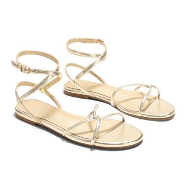 Imagem de Coutgo Sandálias rasteiras femininas com tiras abertas e tiras cruzadas com cadarço e tira no tornozelo, sapatos de praia elegantes para o verão, Dourado, 35