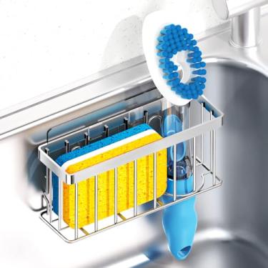 Imagem de Suporte de esponja para pia de cozinha, organizador de pia com ventosas/tiras adesivas, design de suporte de esponja de prato para esponjas, esfregador, rolhas - prata