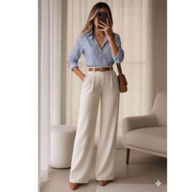 Imagem de Conjunto Elegância Executiva Calça Pantalona Camisa Social Listrada lo