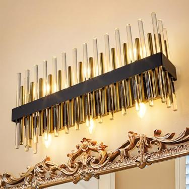 Imagem de Wellmet Luminária de banheiro com 6 luzes, luzes modernas douradas pretas de 62 cm com hastes de vidro e metal, lâmpada de parede de banheiro de fazenda para banheiro, armário de espelho, lavabo