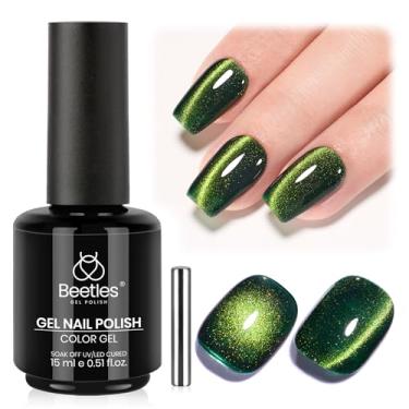 Imagem de Esmalte Beetles Forest Flame Green Cat Eye Gel – Esmalte de gel olho de gato verde 15 ml, glitter, efeito vítreo translúcido magnético, absorvente, UV, arte de unhas francesa, presentes de manicure
