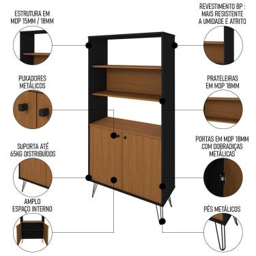 Imagem de Estante Livreiro Decorativa 2 Portas Industrial Lit A06 Freijó/preto - Mpozenato